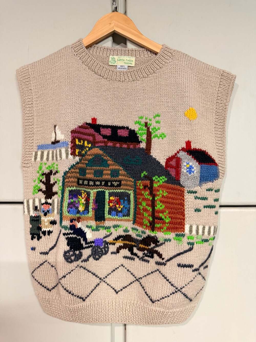 Santa Maria Trading Vintage HandKnit 100% Virgin Wool Village Scene Sweater Vest